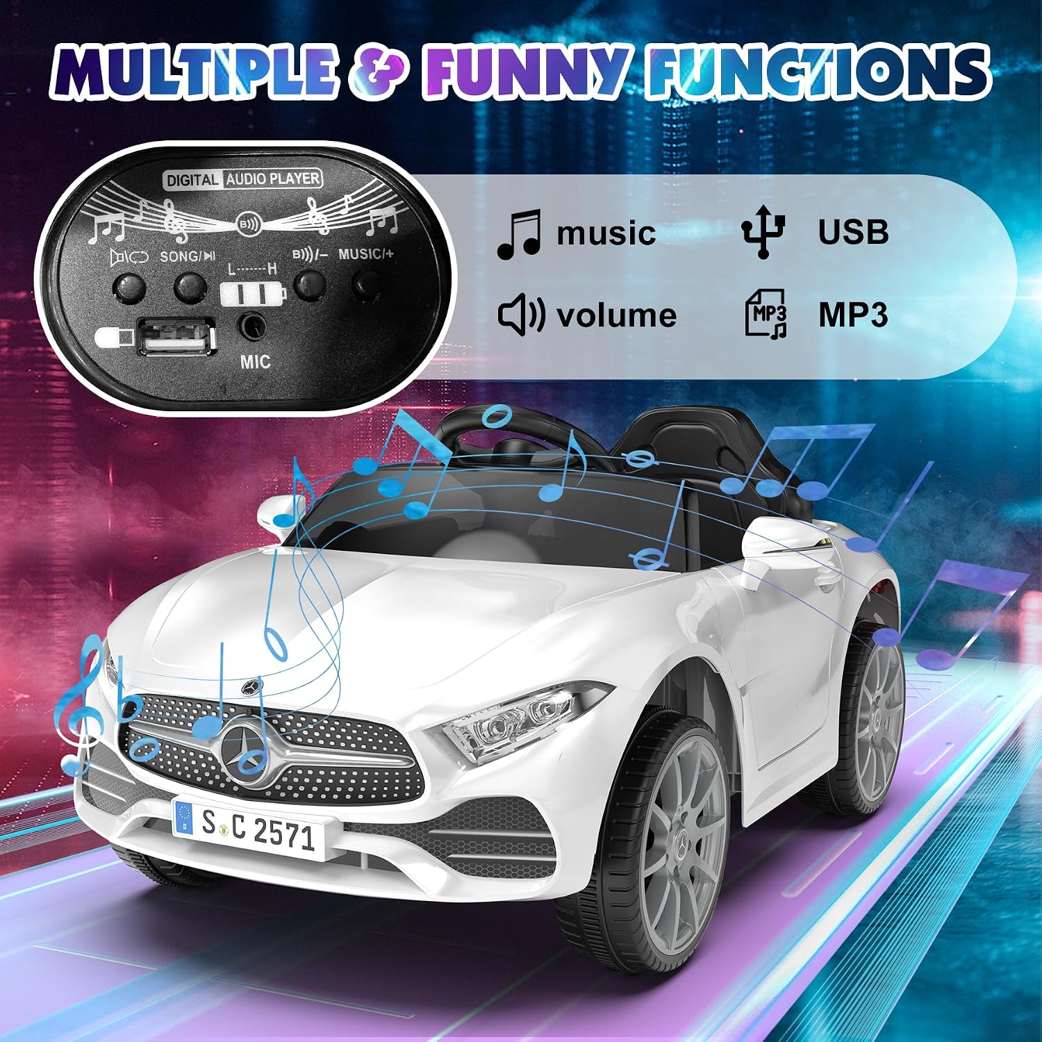 12V Kids Ride On Car with 2.4G Remote Control,Battery Powered Electric Car Ride On Vehicle Double Doors, Safety Belt,LED Light (SC-White)