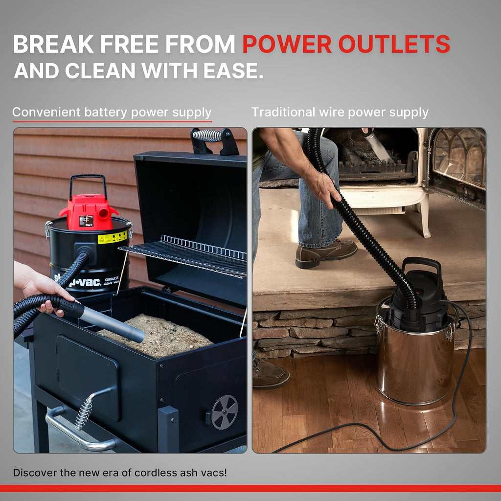 Shop-Vac 5430024 5 Gallon Cordless Ash Vac, 20V Battery, 1.5 in Diameter x 4 Ft Lock-On Hose, Stainless Steel Tank, Includes Blow Feature, Metal Nozzle and Crevice Tool
