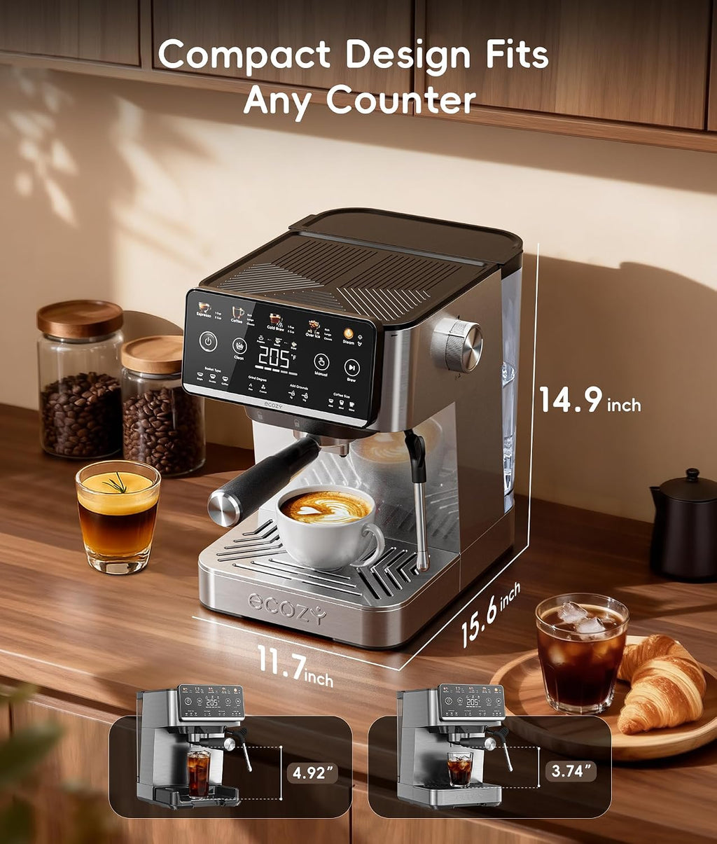 ecozy 4-in-1 Espresso Machine and Coffee Maker Combo with Milk Frother, All in One with Cold Brew & Over Ice, Interactive Touch Screen, Brezzano Elite Series for Cappuccinos, Lattes, Americanos