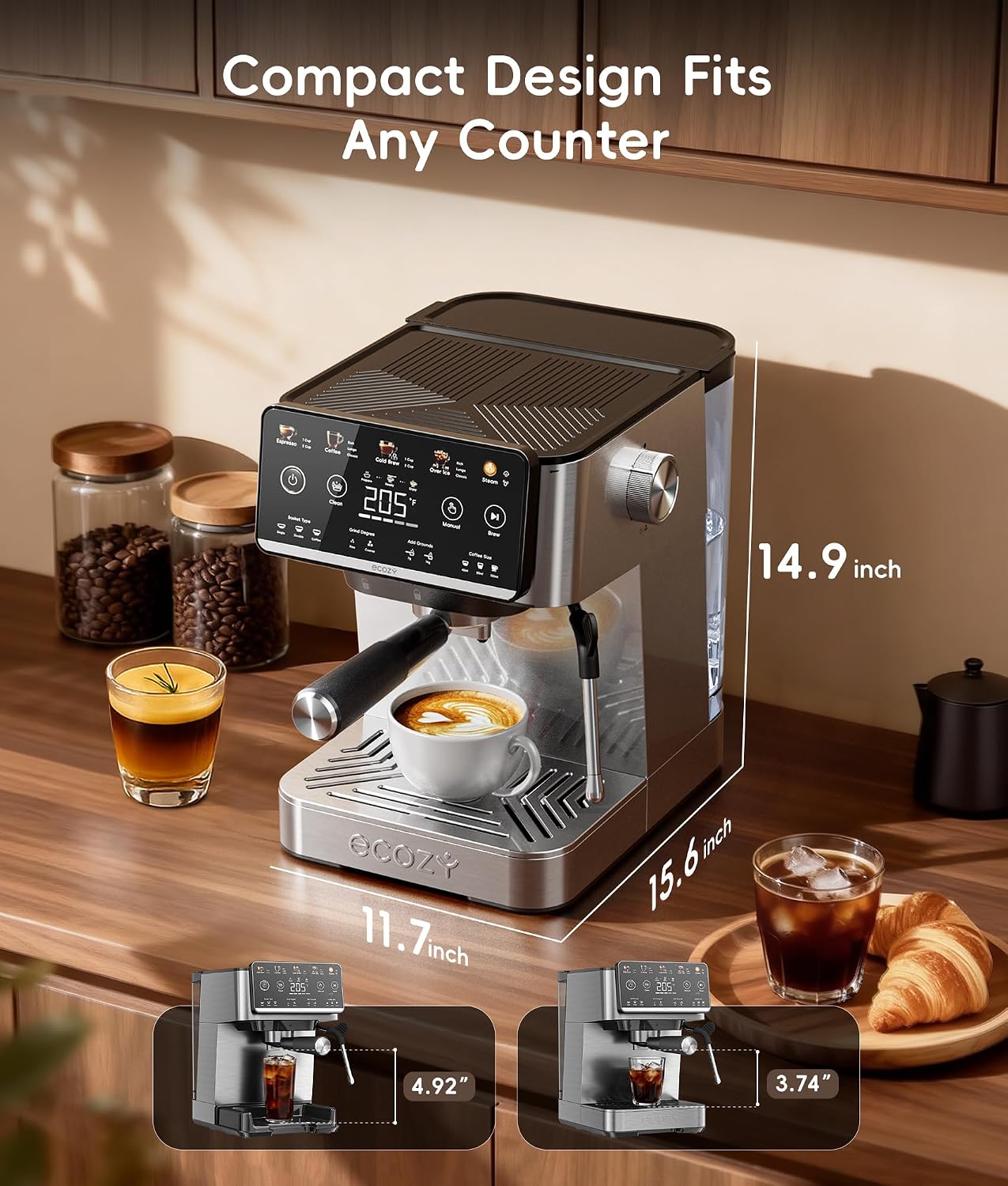 ecozy 4-in-1 Espresso Machine and Coffee Maker Combo with Milk Frother, Cold Brew & Over Ice, Interactive Touch Screen, Stainless Steel, Brezzano Elite Series for Cappuccinos, Lattes, Americanos
