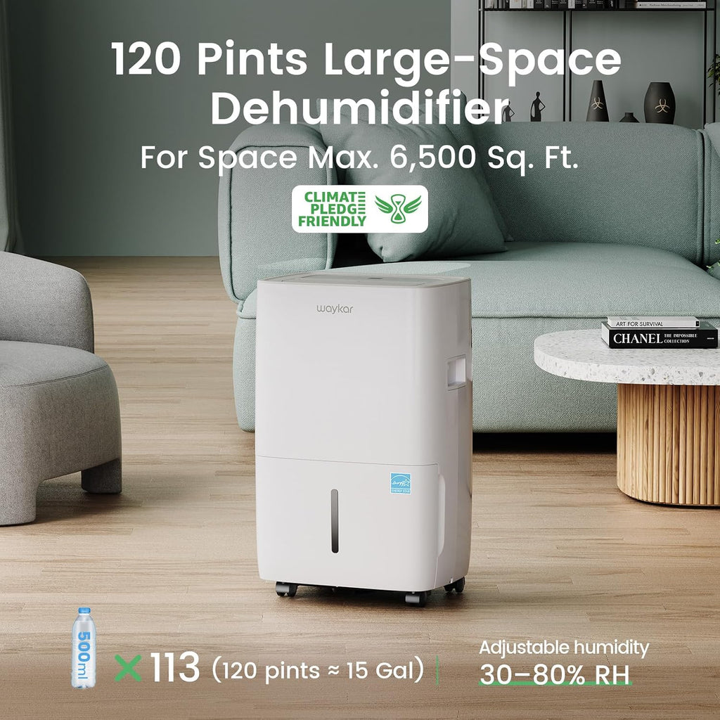 Waykar 120 Pints Energy Star Dehumidifier for Spaces up to 6,500 Sq. Ft at Home, in Basements and Large Rooms with Drain Hose and 1.14 Gallons Water Tank
