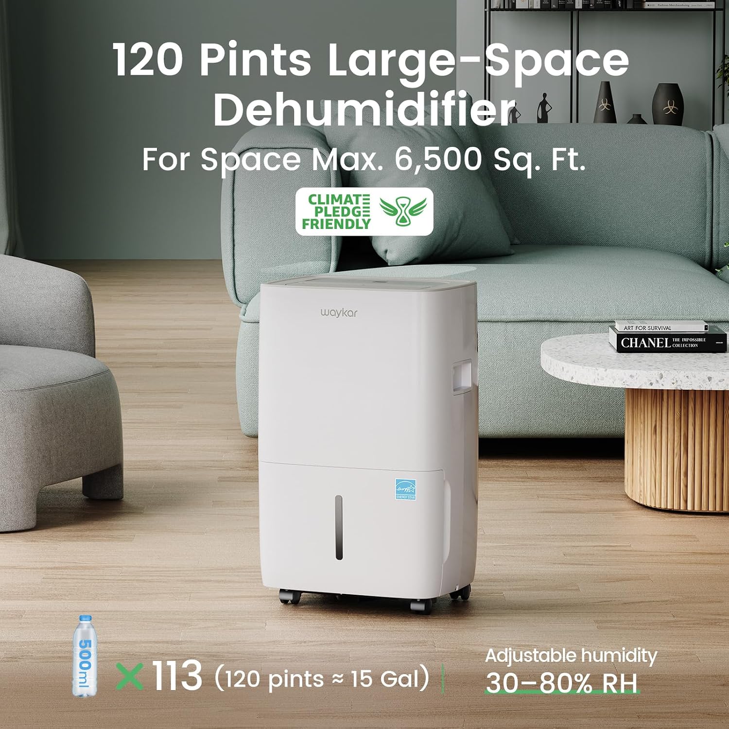 Waykar 120 Pints Energy Star Dehumidifier for Spaces up to 6,500 Sq. Ft at Home, in Basements and Large Rooms with Drain Hose and 1.14 Gallons Water Tank