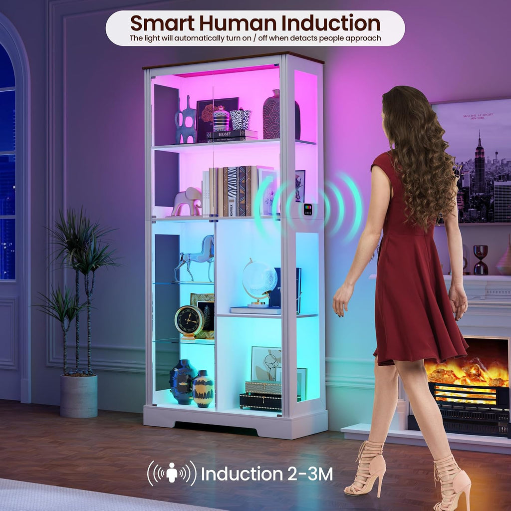 71' Glass Display Cabinet with RGB Light - Curio Cabinet with Glass Doors for Collectibles, 7-Tiers Tall Display Case with Large Shelves, Showcase for Lego, Figures, Human Sensor Design (White)