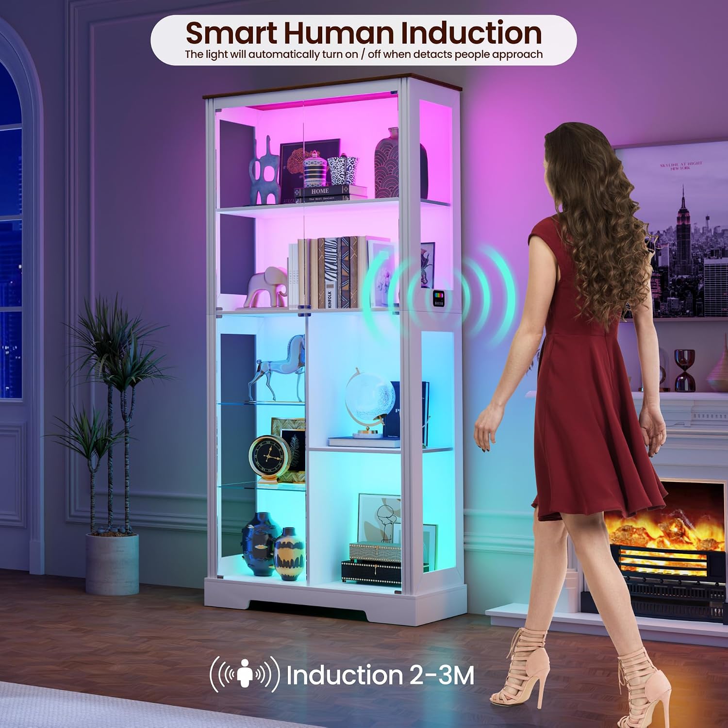 71' Glass Display Cabinet with RGB Light - Curio Cabinet with Glass Doors for Collectibles, 7-Tiers Tall Display Case with Large Shelves, Showcase for Lego, Figures, Human Sensor Design (White)
