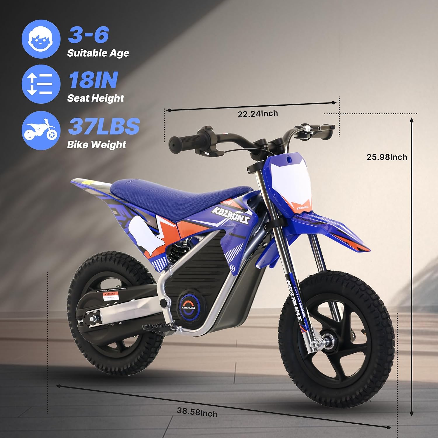 AIII Electric Dirt Bike for Kids 3-7, High Performance Racing Grade Motorcycle, Up to 8MPH, 2 Speed Settings, 12-Inch Off-Road Tires, Rear Disc Brakes & Advanced Shock Absorption, Blue