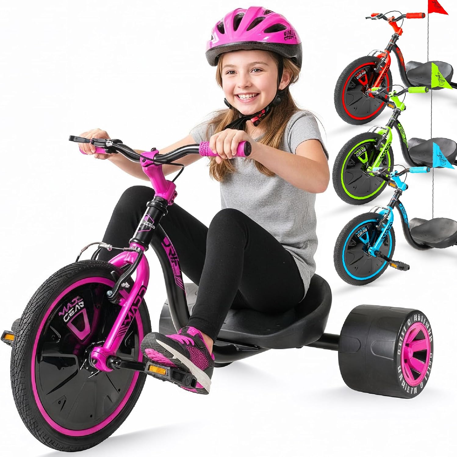 Drift Trike for Kids Ages 5+ – 16' Front Wheel Ride-On with Adjustable Seat, Steel Frame, Rear Slick Drift Wheels & Safety Flag – Madd Gear (Black/Pink)