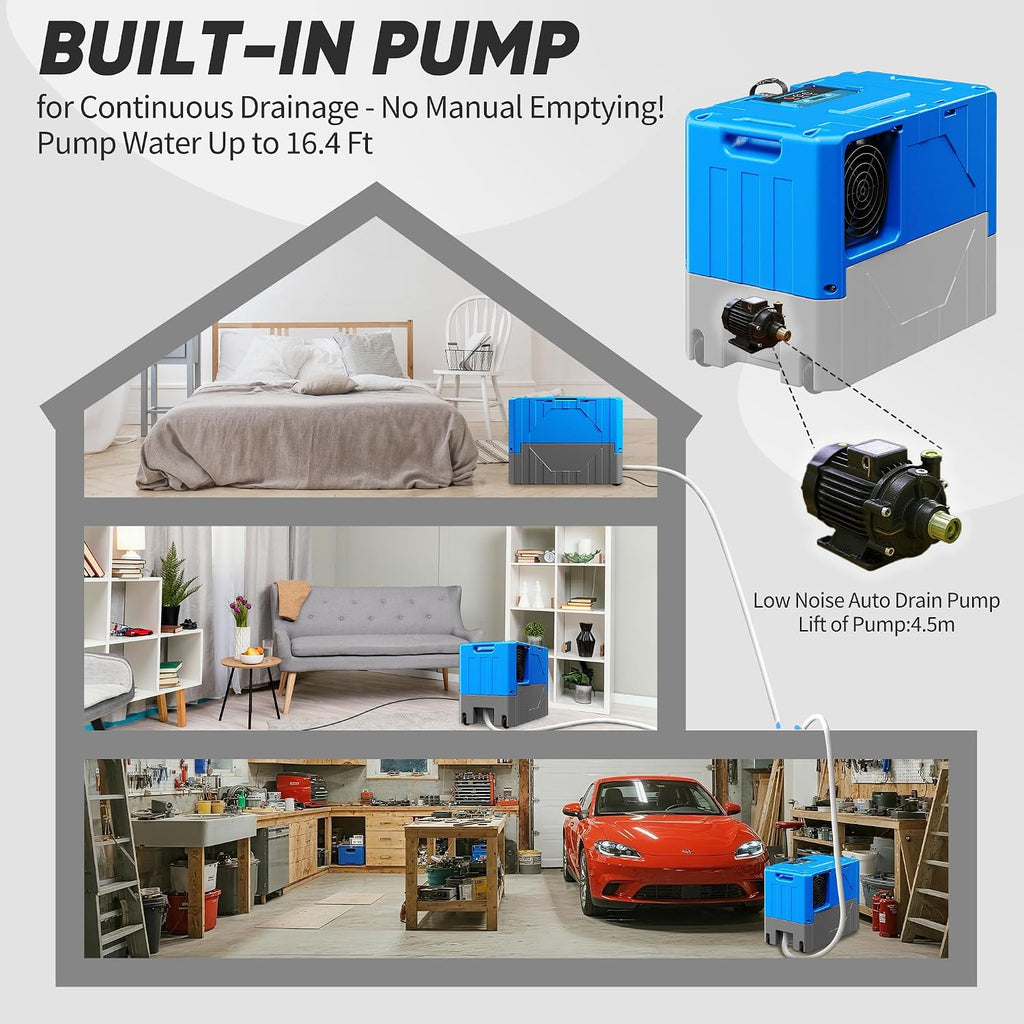 190Pints High Efficiency Commercial Dehumidifier for Basements-6000 Sq.Ft. Industrial Grade Dehumidifiers with Pump & Drain Hose for Crawl Spaces Water Damage Restoration-Auto Defrost, Memory Starting