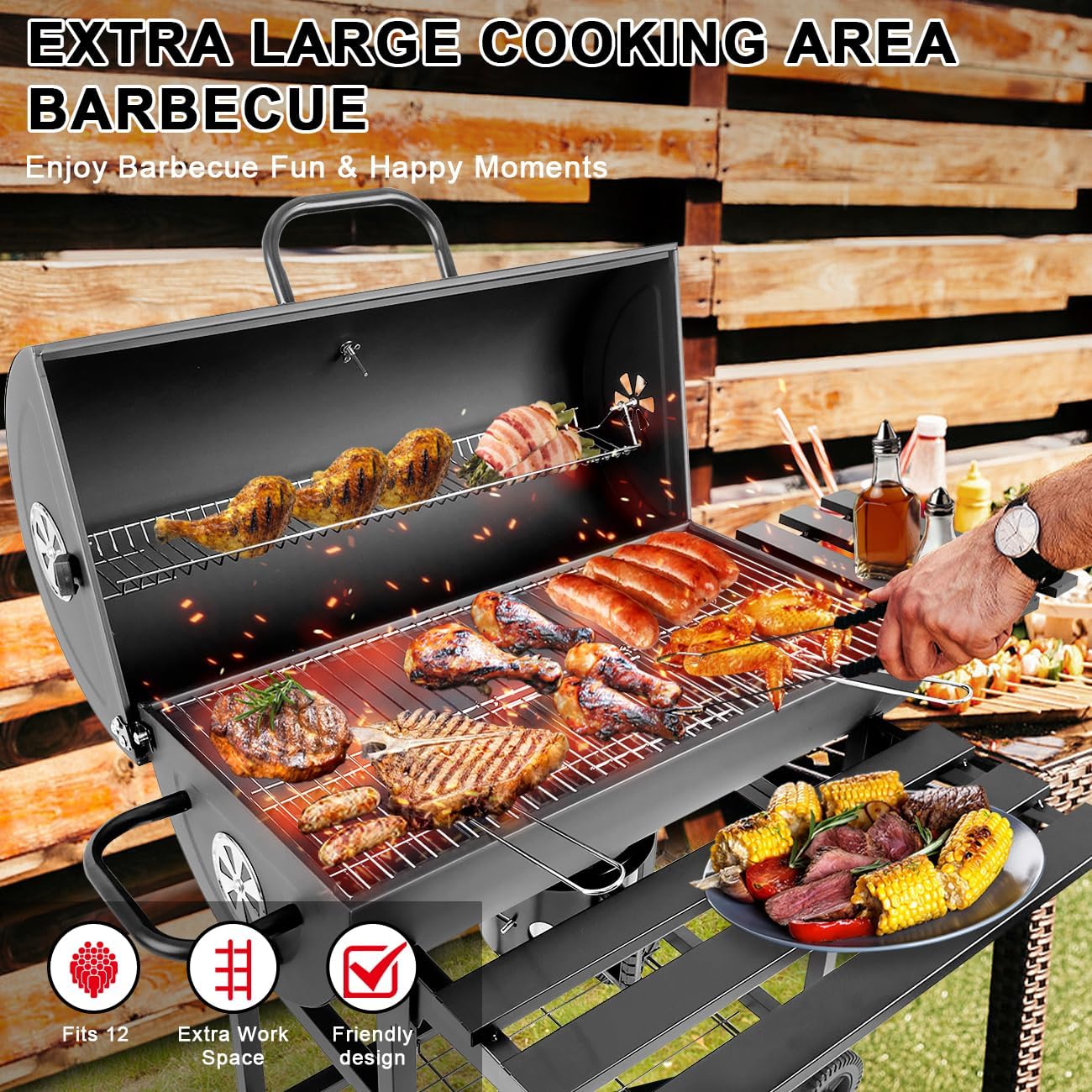 Charcoal Grill with Temperature Gauge - Large Outdoor Barrel Barbecue Grill with Side Table, 565 sq in Cooking Space for 8-12 People, Ideal for Camping and Backyard BBQ