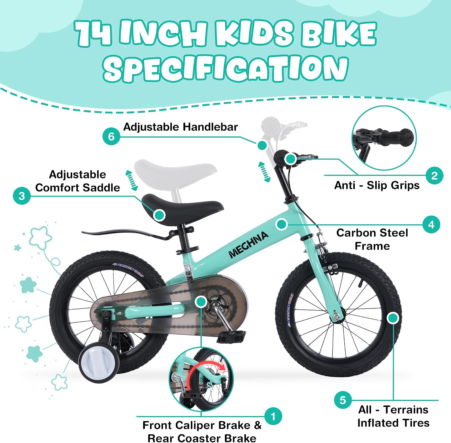 MEGHNA 2 in 1 Toddler Balance Bike 14 inch Wheel Kids Bike Aged 3-7 Years Old with Footrest Detachable Training Wheels Caliper and Coaster Brake Strider Bike for Boys Girls, Easy to Assembly