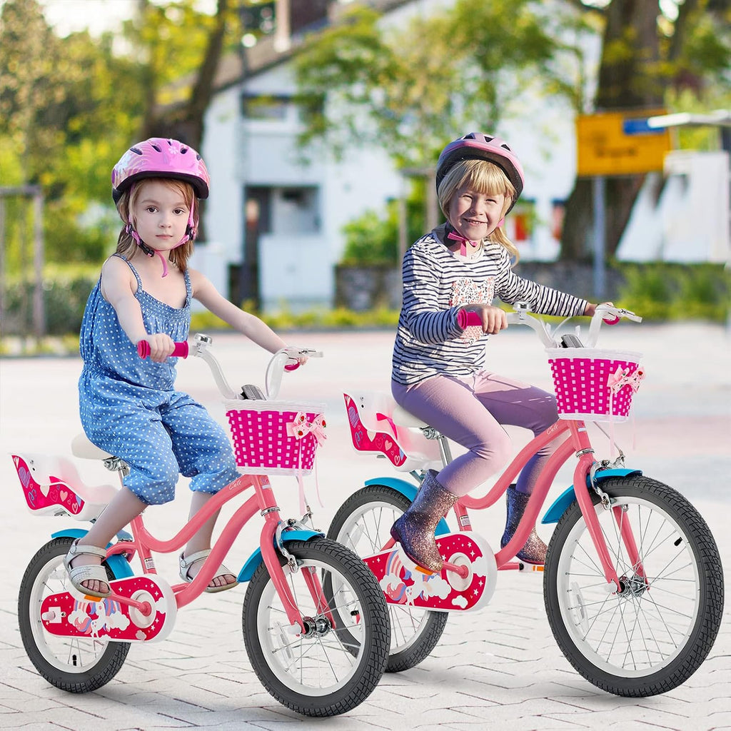 GYMAX Kids Bike, 14/16/18 Inch Kids Bicycle with Removable Training Wheels, Coaster Brake, Handbrake, Basket & Doll Chair, Toddler Girls & Boys Bike for Age 3-9