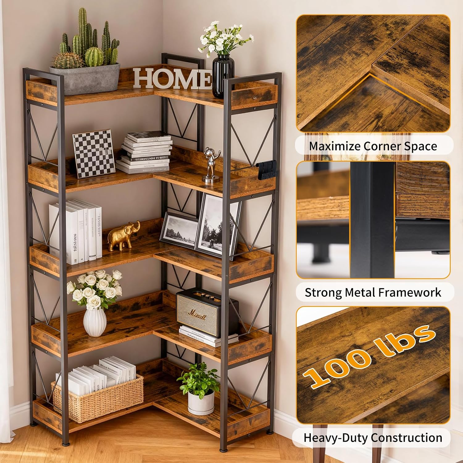 DUMOS 65 inch L Shaped Bookshelf, 5 Tier Corner Bookcase with Hooks and Edge, Industrial Pantry Shelves with Metal Frame, Wooden Open Storage for Living Room, Home Office, Bedroom, Rustic Brown