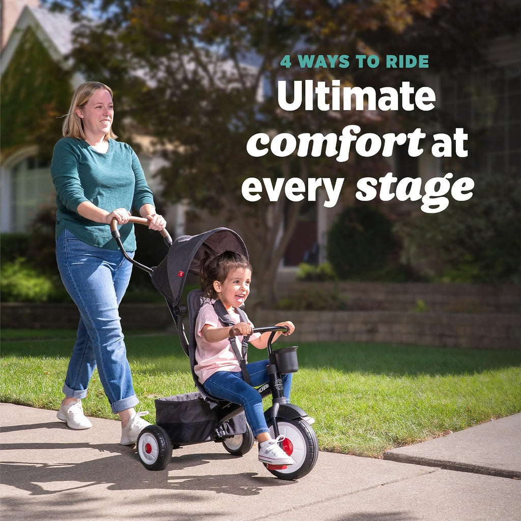 Radio Flyer City 4-in-1 Stroll 'N Trike, Teal, for Riders 1-5 Years Old, 4 Riding Modes, 3 Point Harness with Comfort Pad, Parent Controlled Steering, Rear Storage, Stroller Tricycle for Toddlers