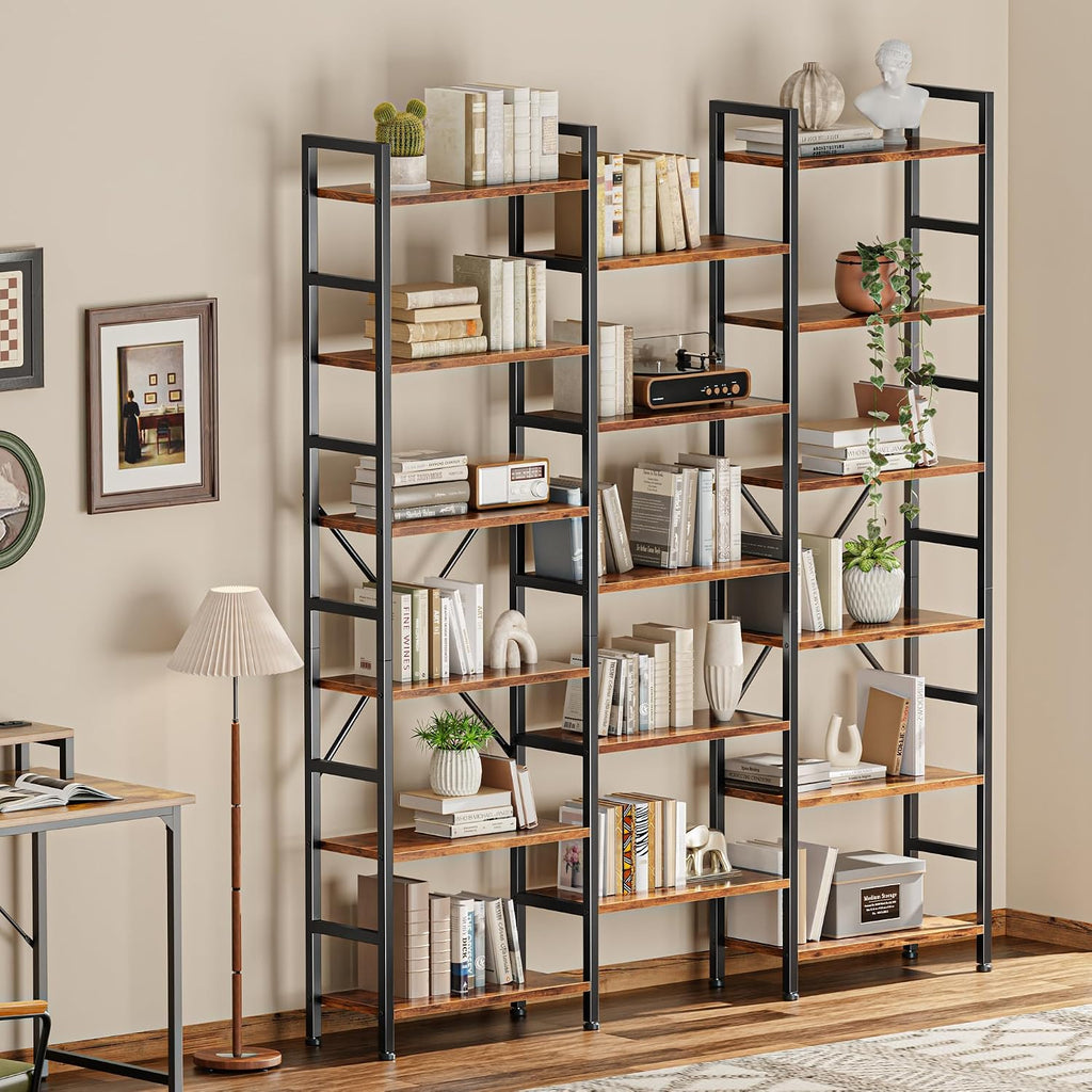 SUPERJARE Triple Bookshelf, Bookcase with 17 Open Display Shelves, Wide Book Shelf Book Case for Home & Office, 6 Tier, Brown