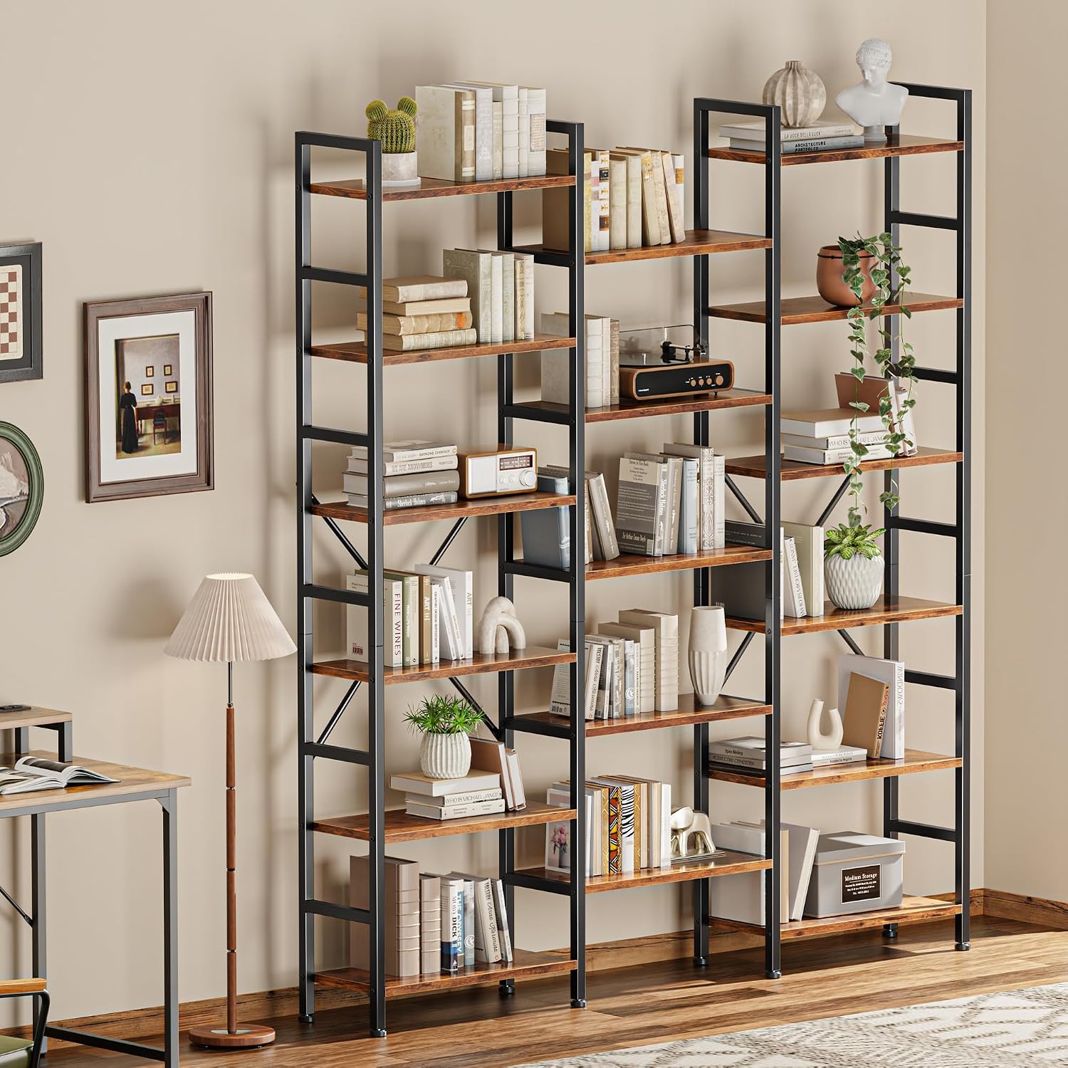 SUPERJARE Triple Bookshelf, Bookcase with 17 Open Display Shelves, Wide Book Shelf Book Case for Home & Office, 6 Tier, Brown