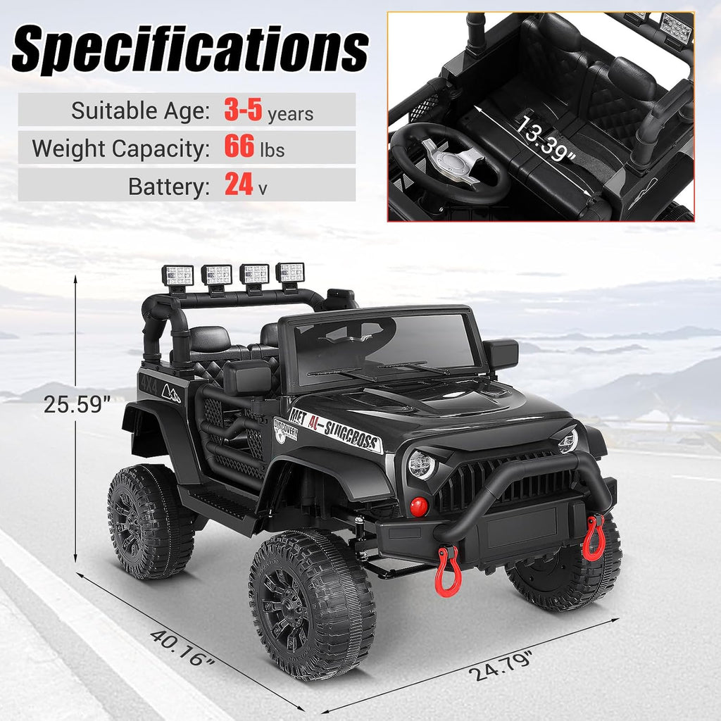 Hikole 24V Ride on Car w/Remote Control, Battery Operated Vehicles for Boys&Girls, Upgraded 2×200W Motors,Off-Road Power Wheels Truck, LED Lights, 3 Speeds, Gift, Black-24V-1 Seater