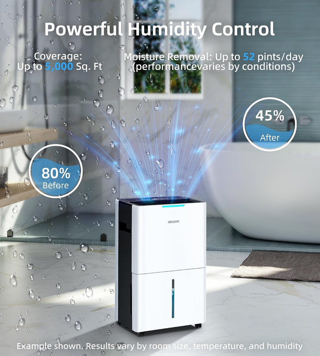 5000 Sq. Ft Dehumidifiers for Home and Basement, 52 Pint/Day Dehumidifier with Drain Hose, 3 Modes, 24H Timer, Auto Defrost, Child Lock, for Bedroom, Garage, RV, Large Room, Humid Summer, Rainy Season
