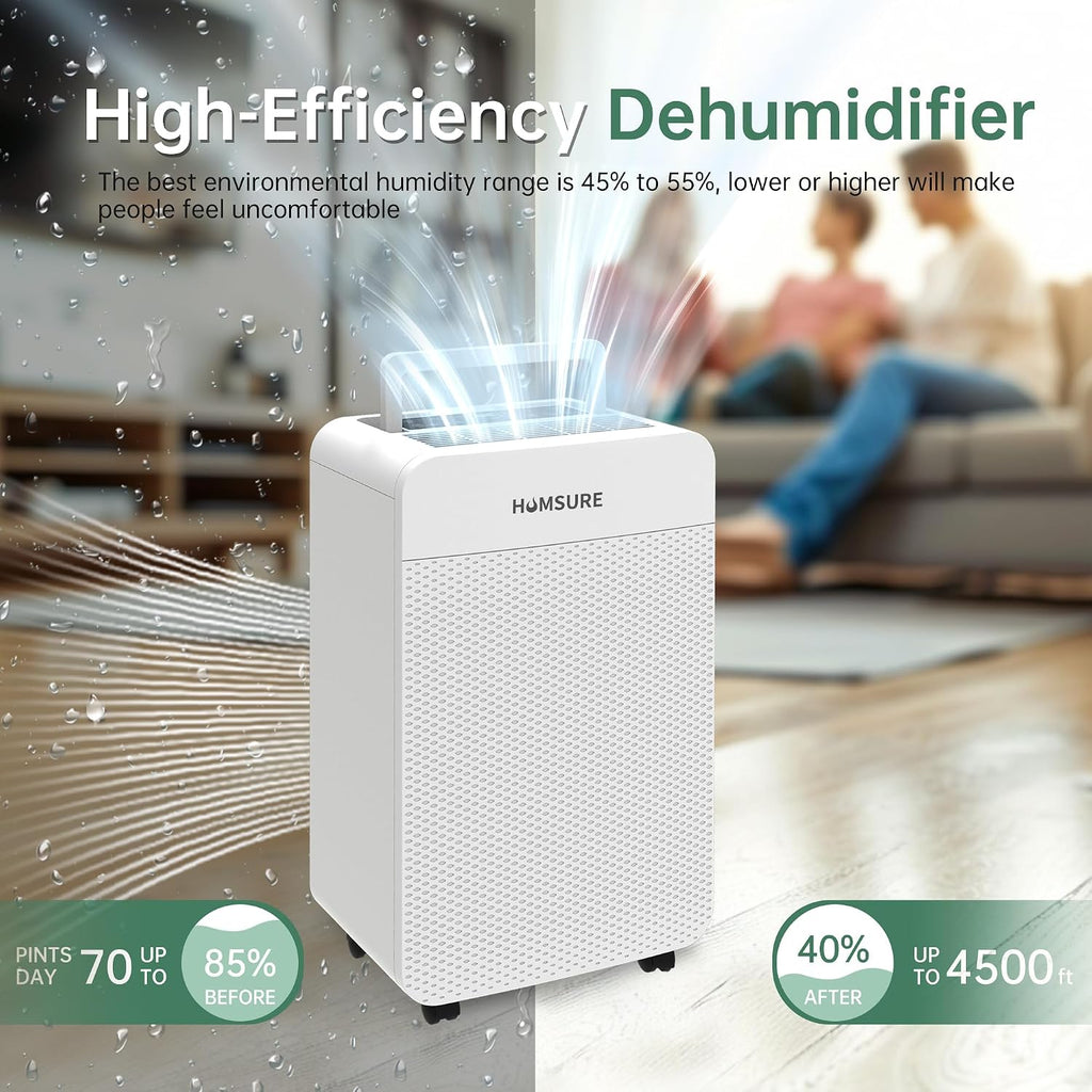 HUMSURE 4500 Sq. Ft 80 Pints Dehumidifier for Basement and Home, Bathroom, Bedroom, Equipped With Drainage Hose, Automatic Defrosting, 24-Hour Timer Function