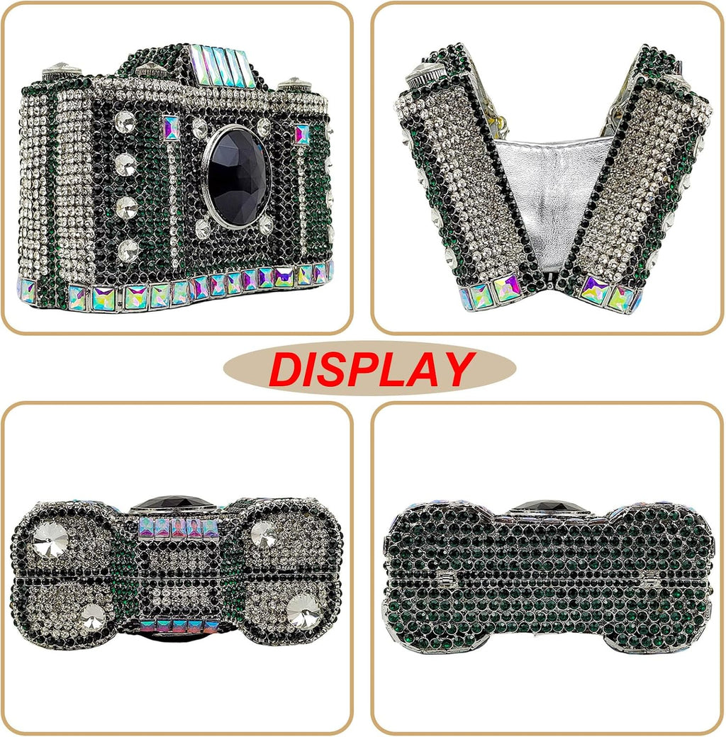 HUANG ZHUANG Cute Camera Shape Crystal Clutch Purse Mini Rhinestone Evening Bag Wedding Handbag Party Women Purse