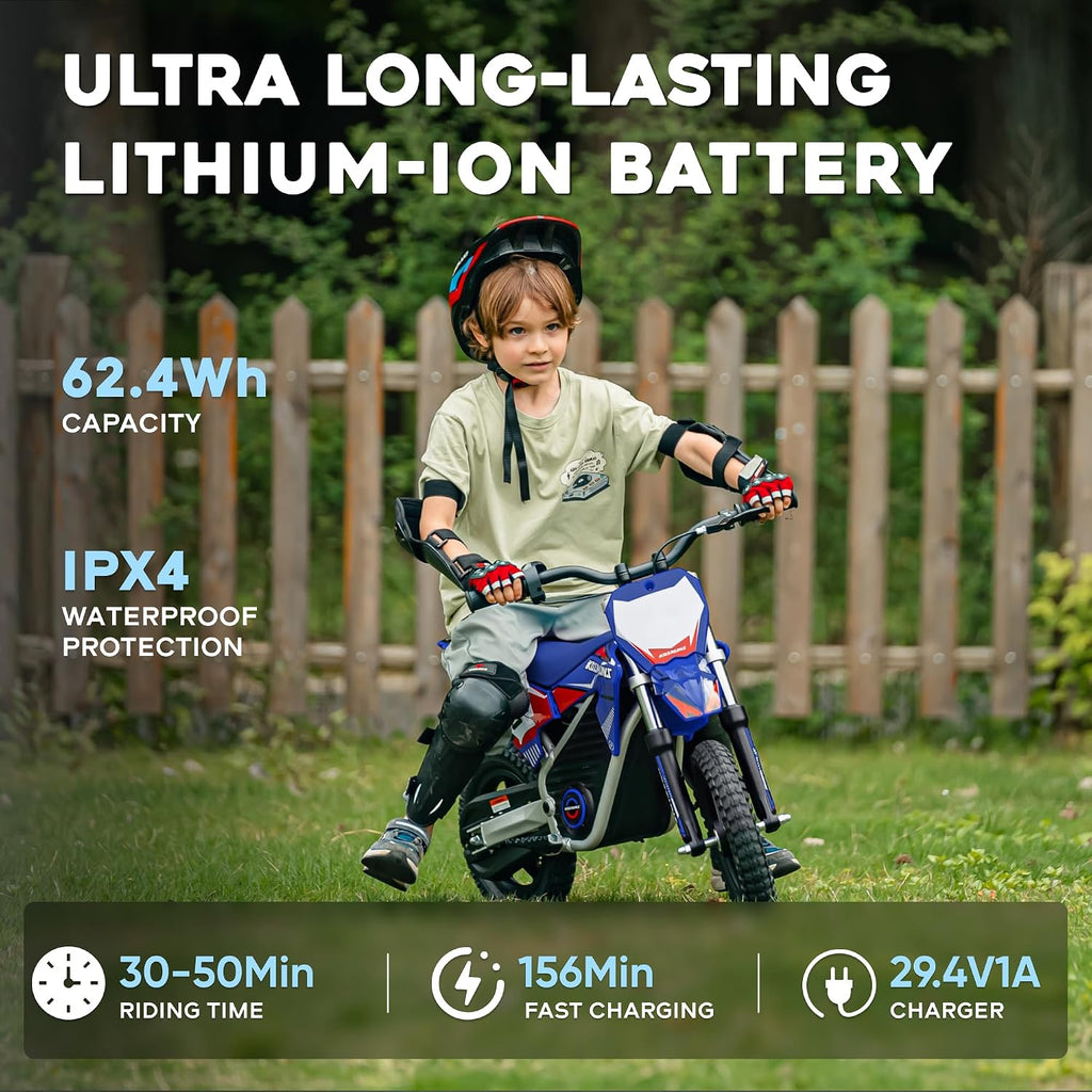 AIII Electric Dirt Bike for Kids 3-7, High Performance Racing Grade Motorcycle, Up to 8MPH, 2 Speed Settings, 12-Inch Off-Road Tires, Rear Disc Brakes & Advanced Shock Absorption, Blue