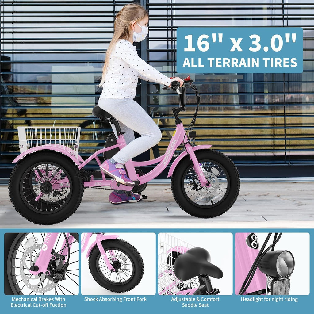 16 Inch Kids Electric Tricycle, 250W 24V Fat Tire Electric Trike, 3 Wheels Electric Bike Cruiser Bicycle, Aluminum Frame Motored Trike with Adjustable Seat and Removable Battery, Pink