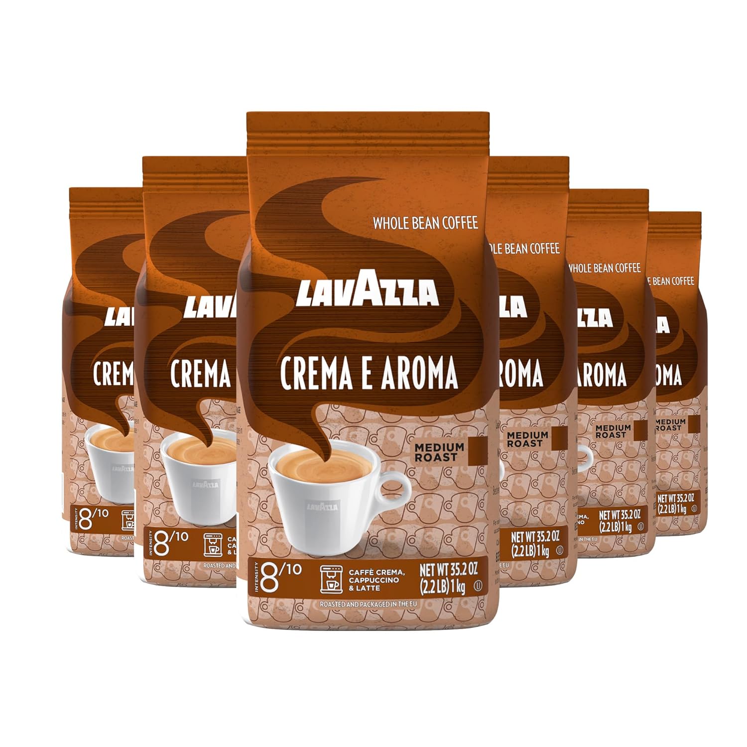 Lavazza Crema e Aroma Whole Bean Coffee, Medium Roast, Arabica and Robusta Blend, 2.2 lb Bag (Pack of 6)