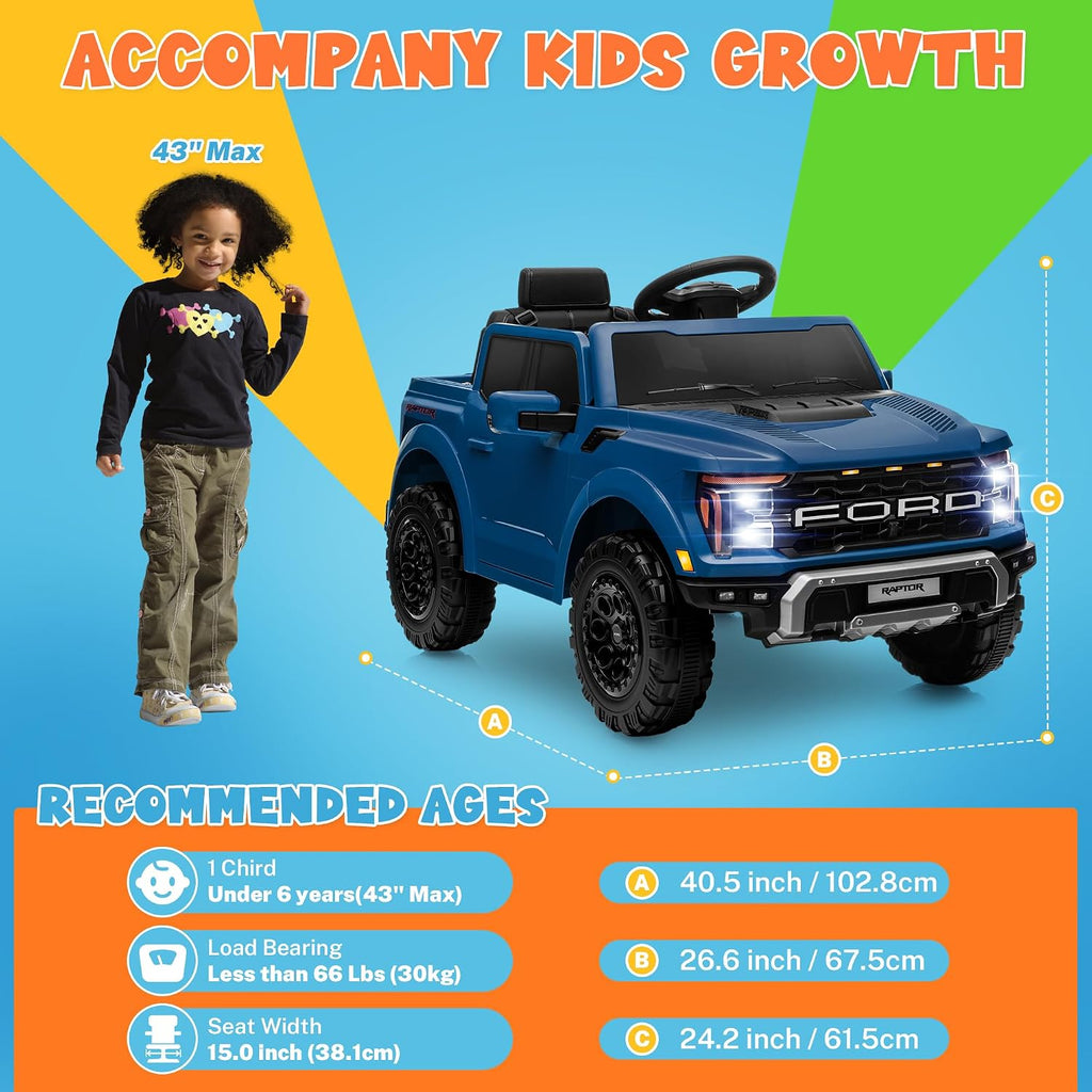 ENYOPRO 12V Licensed Ford F-150 Raptor Toddler Ride On Car w/Remote Control, Battery Powered Kids Electric Car w/LED Lights, Bluetooth, Soft Start, 4-Wheel Shock Absorber, Truck Bed Storage (Blue)