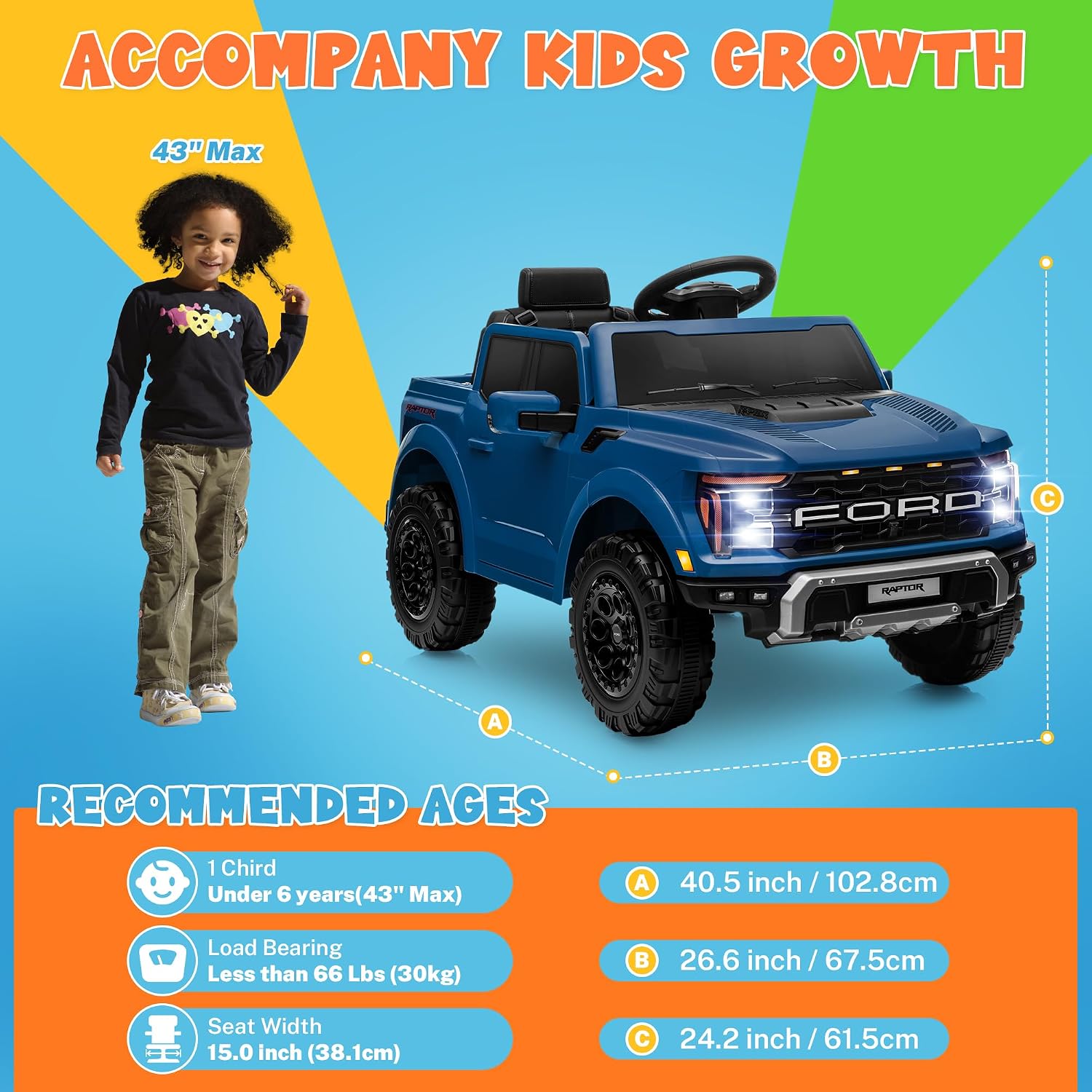 ENYOPRO 12V Licensed Ford F-150 Raptor Toddler Ride On Car w/Remote Control, Battery Powered Kids Electric Car w/LED Lights, Bluetooth, Soft Start, 4-Wheel Shock Absorber, Truck Bed Storage (Blue)