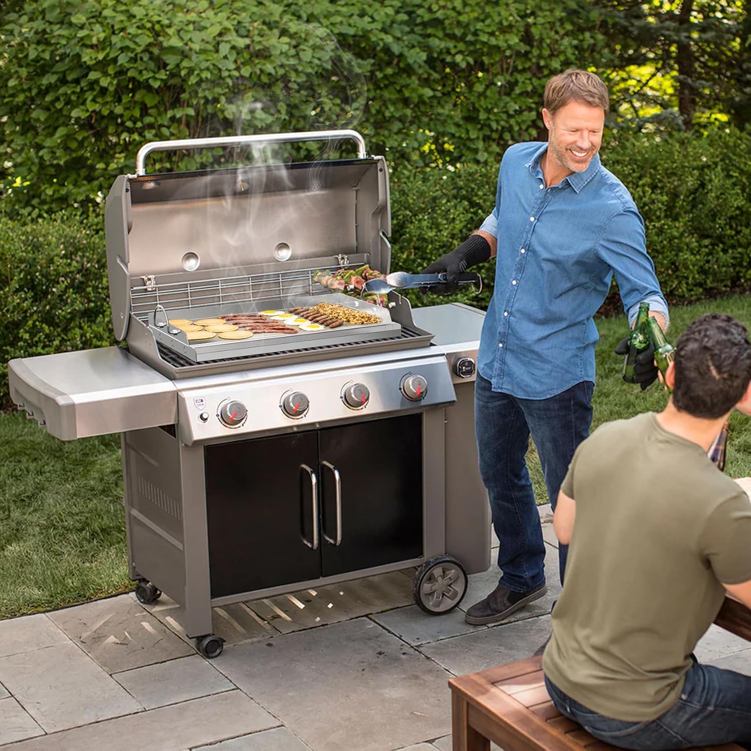 onlyfire Stainless Steel BBQ Griddle, Outdoor Flat Top Griddle Pan with Grease Groove and Handles for Gas and Charcoal Grills, 25'x16'