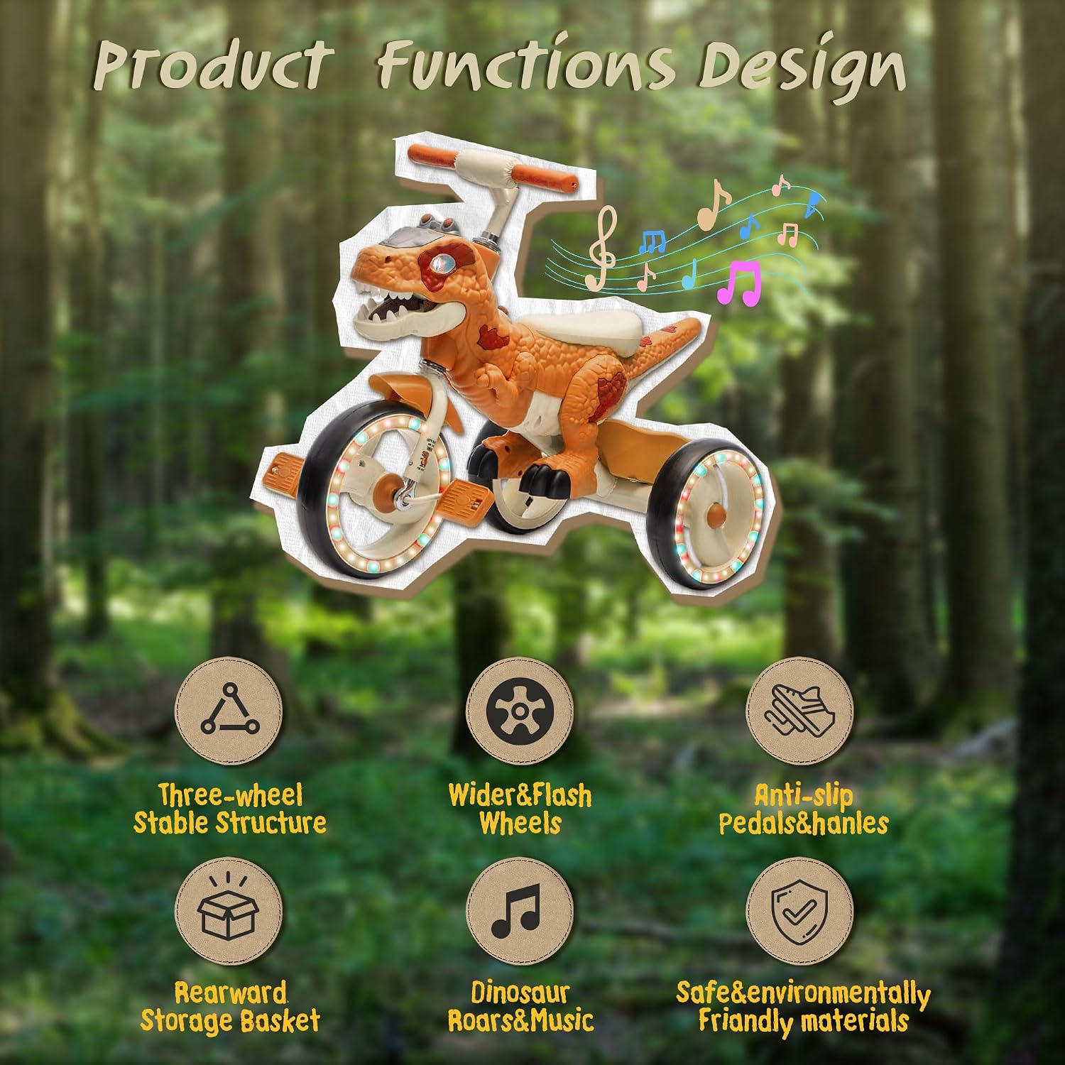 Dinosaur Kids Tricycle for Rider, Toddlers Kid Trike Bike Big Wheel with Wide Flash Wheels, Anti-Slip Pedals, Storage Basket, Music & LED Lights, Kids Bike for 3-6 Year Old Girls & Boys (Orange)