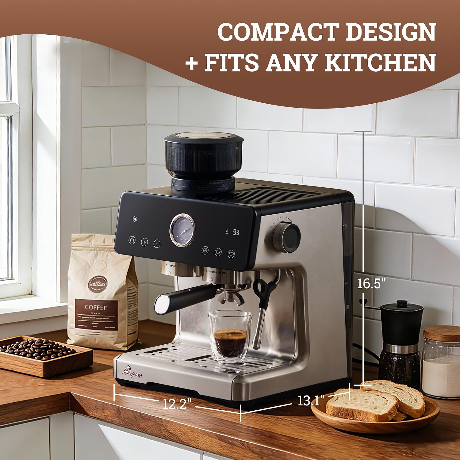 Espresso Machine with Grinder, Auto Distribute & Tamp 15 Bar Semi-Automatic with PID Temperature, Cold Brew Espresso Maker with Milk Frother, 58mm Portafilter for Beginners, Stainless Steel