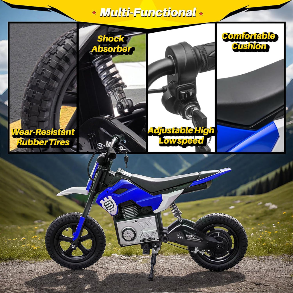 Blitzshark 24V Electric Dirt Bike for Kids，200W Motor Electric Motorcycle Aged 5-12, Electric Motorbike for Kids, Adjustable Speed, LED Breath lamp,Bluetooth,Music,Horn,Speeds 3-9MPH，Blue