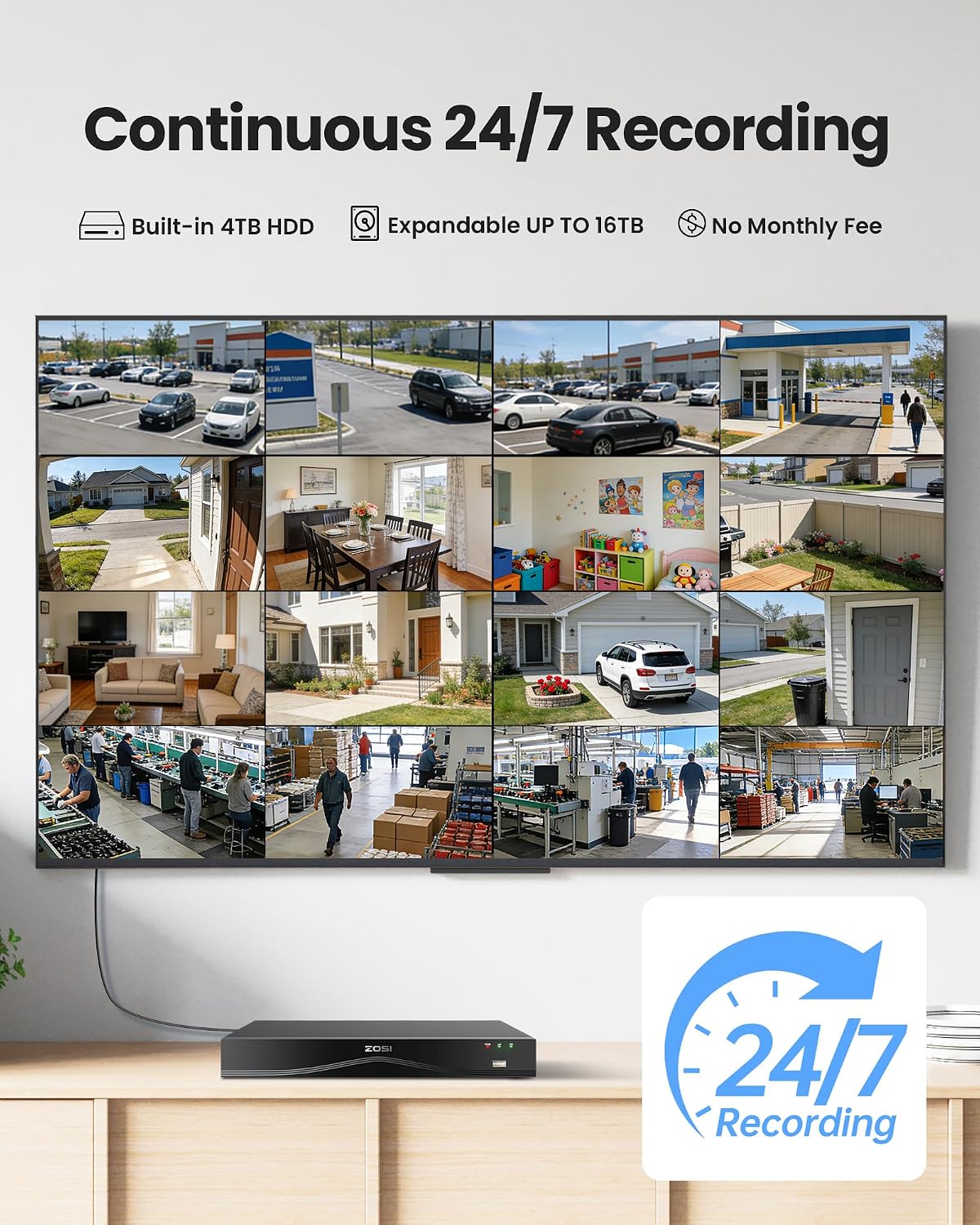 ZOSI 4K 16CH PoE Security Camera System, 8 x 8MP PoE IP Camera Outdoor Indoor with Human Detection, 100ft IR Night Vision, IP66 Weatherproof, 4K 16CH H.265+ NVR with 4TB HDD for 24/7 Audio Recording
