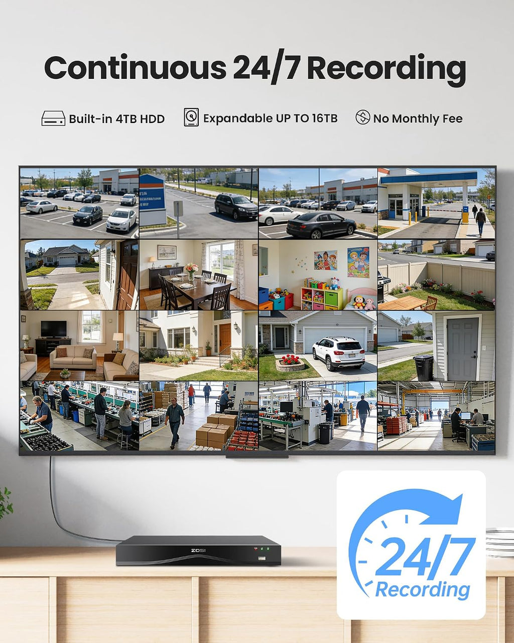 ZOSI 4K 16CH PoE Security Camera System, 16 x 8MP PoE IP Camera Outdoor Indoor with Human Detection, 100ft IR Night Vision, IP66 Weatherproof, 4K 16CH H.265+ NVR with 4TB HDD for 24/7 Audio Recording