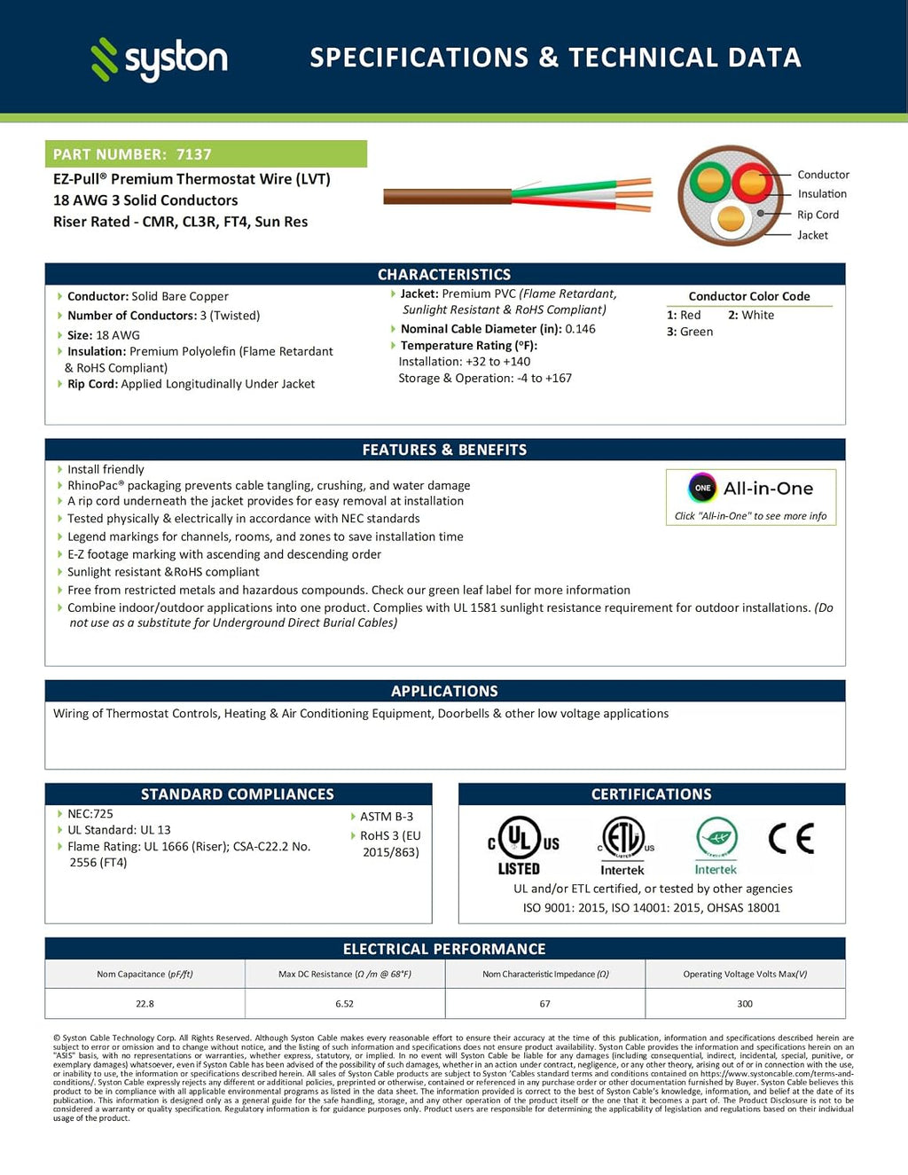 Syston 18/3 Thermostat Doorbell HVAC Heating Control Cable Wire, 18 AWG 3 Conductors 100% Solid Copper Conductors CL3R/FT4/CMR Riser-Rated, UV Resistant RoHS for Low Voltage Applications Use