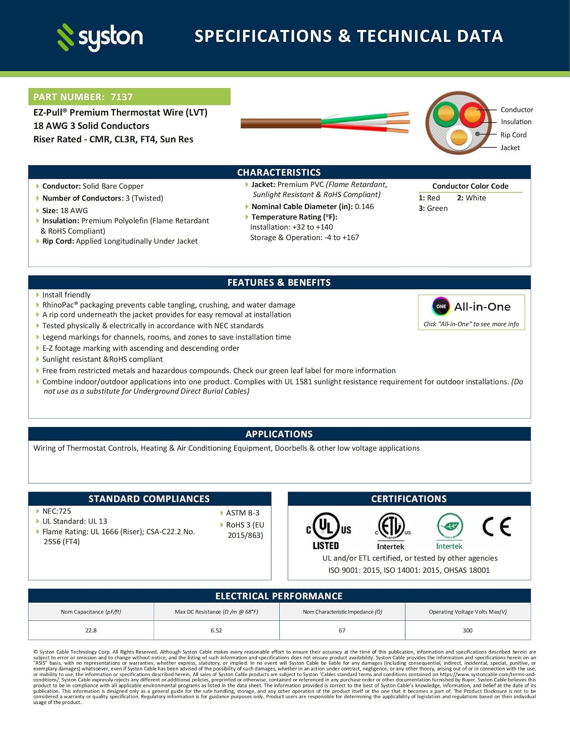 Syston 18/3 Thermostat Doorbell HVAC Heating Control Cable Wire, 18 AWG 3 Conductors 100% Solid Copper Conductors CL3R/FT4/CMR Riser-Rated, UV Resistant RoHS for Low Voltage Applications Use