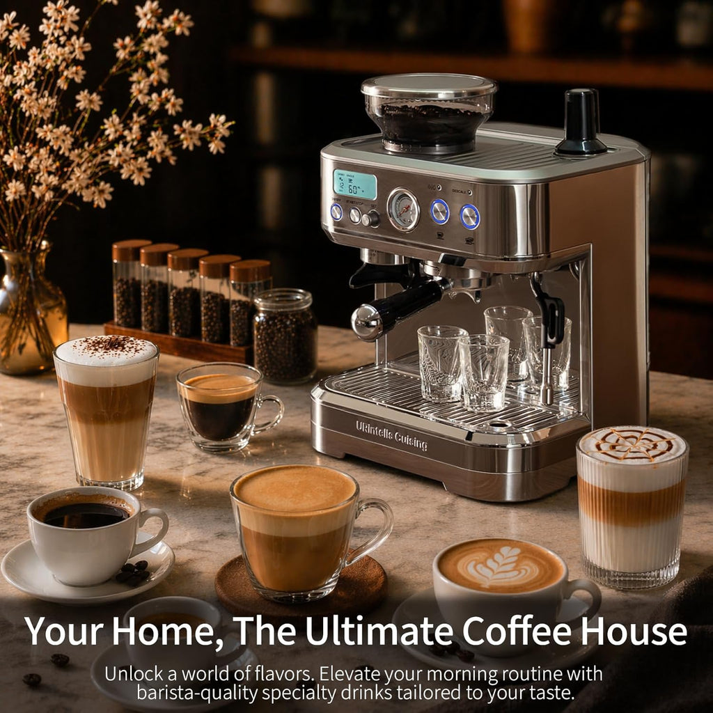 URintells Cuising Espresso Machine with Grinder, All-in-One Coffee Maker with PID Temperature Control & 15 Bar Italian ULKA Pump, Stainless Steel Barista Machine for Home Latte & Cappuccino