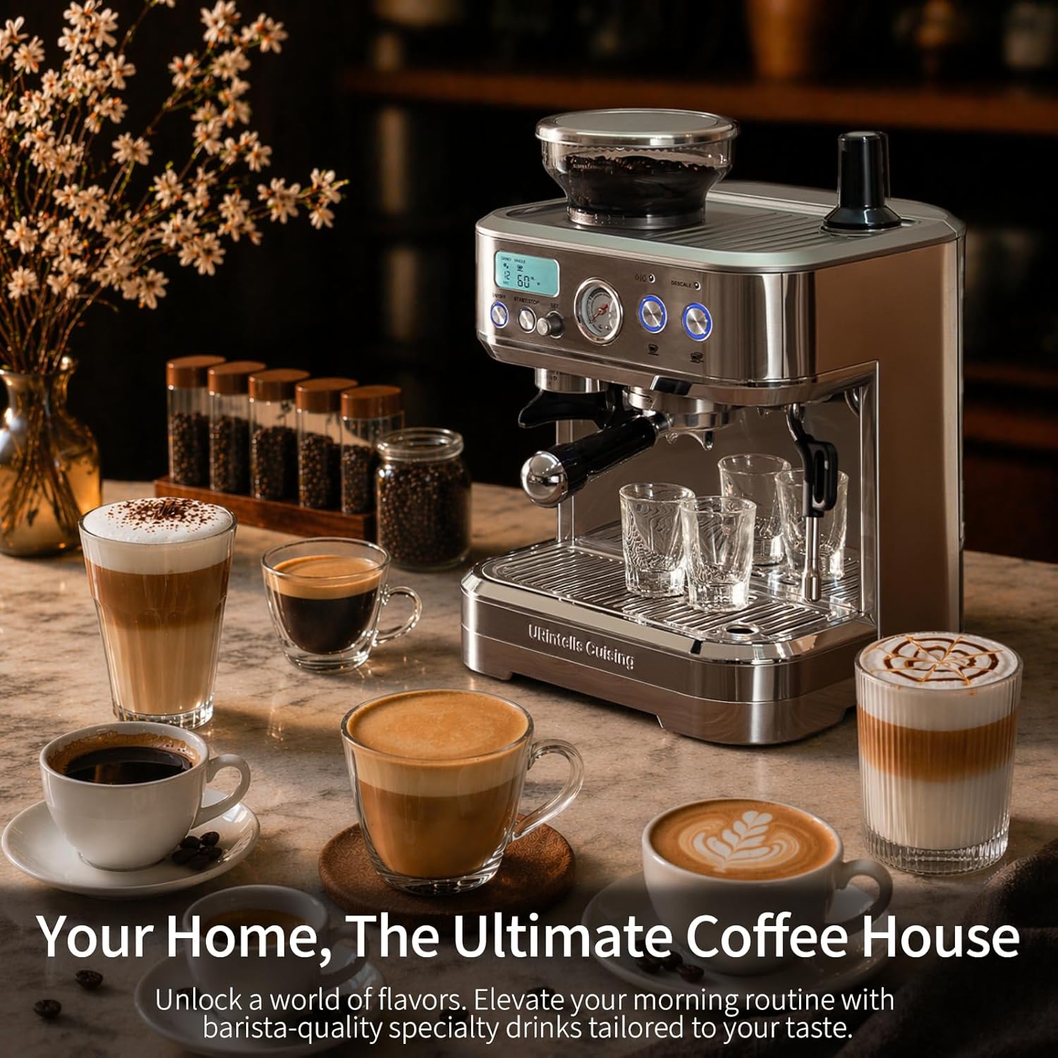 URintells Cuising Espresso Machine with Grinder, All-in-One Coffee Maker with PID Temperature Control & 15 Bar Italian ULKA Pump, Stainless Steel Barista Machine for Home Latte & Cappuccino