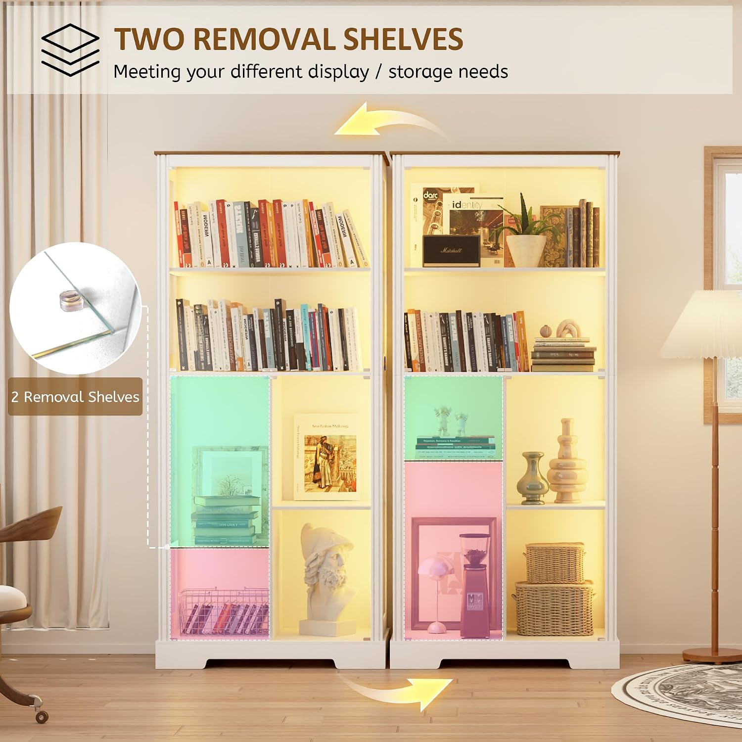 Lvifur 71' Display Cabinet with Glass Doors, Modern Curio Cabinet with 3 Color Lights, 7-Tiers Glass Display Cases for Collectibles, Tall Lego Storage Cabinet with Human Body Sensor (White)