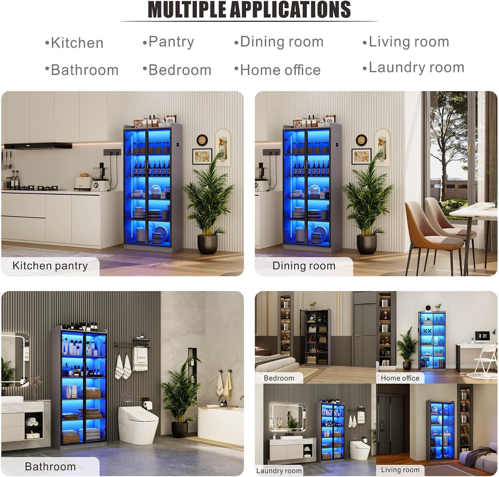 Dystler 65' Tall Display Cabinet with Doors, Lighted Bookcase with Lights/Human Sensor, 5 Tier Display Case with Adjustable Shelves for Collectibles Bedroom Living Room Office, Grey-Smoked Black Door