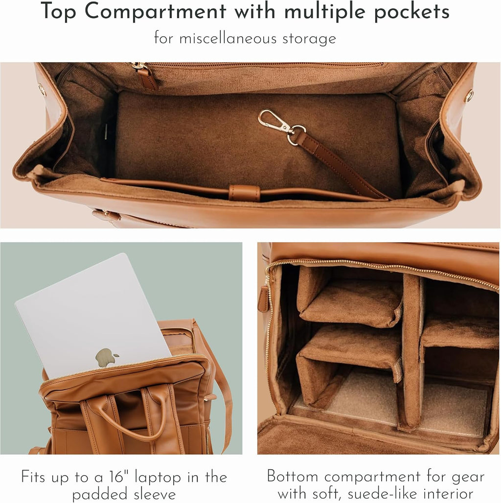 Ruby Camera Backpack – Sleek, Durable Vegan Leather Bag with Gear Dividers, Laptop Compartment, and Side Access for Cameras & Gear, Gray