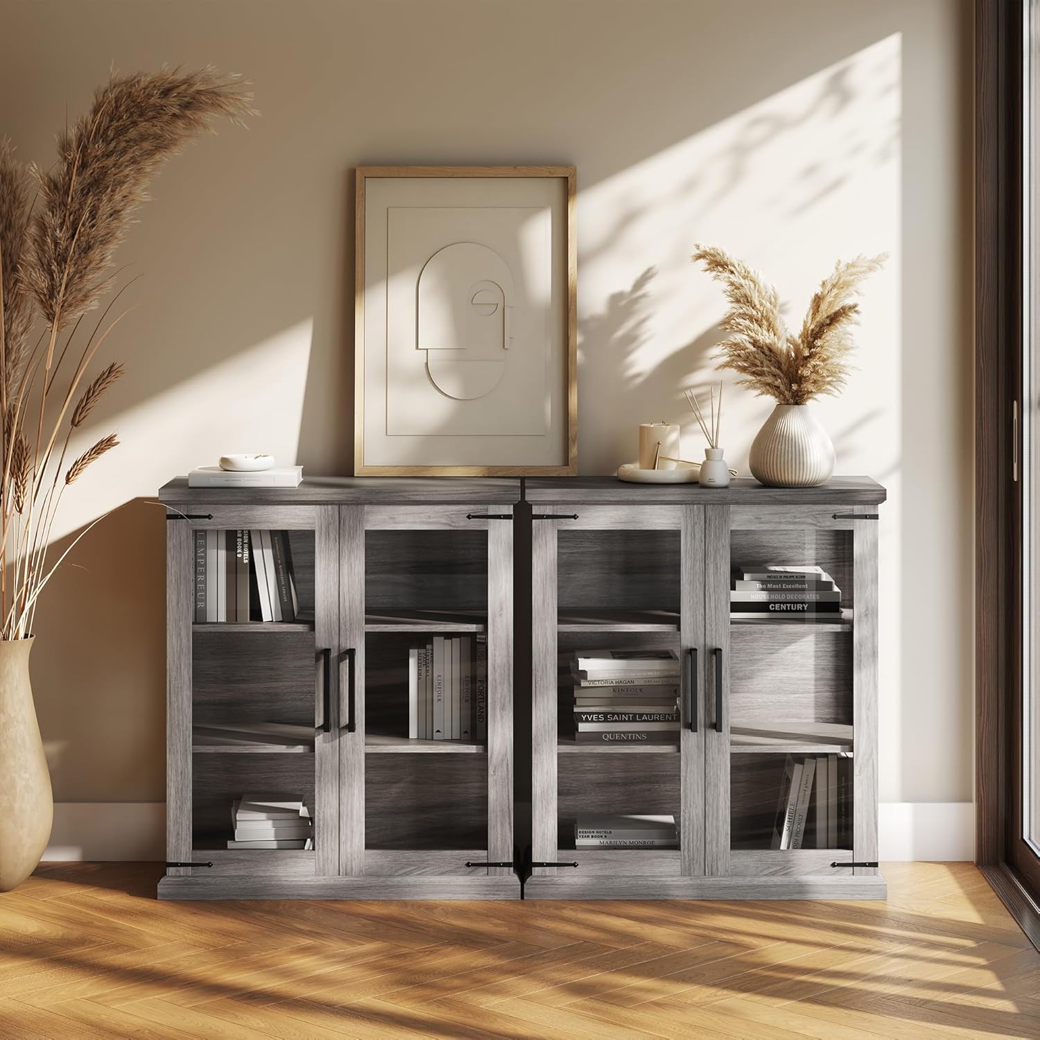 BELLEZE Set of 2 Glass Display Cabinet, 36' Tall Cabinet with Shelves and Glass Doors for Entryway, Living Room, Hallway, or Kitchen - Ashford (Gray Wash)