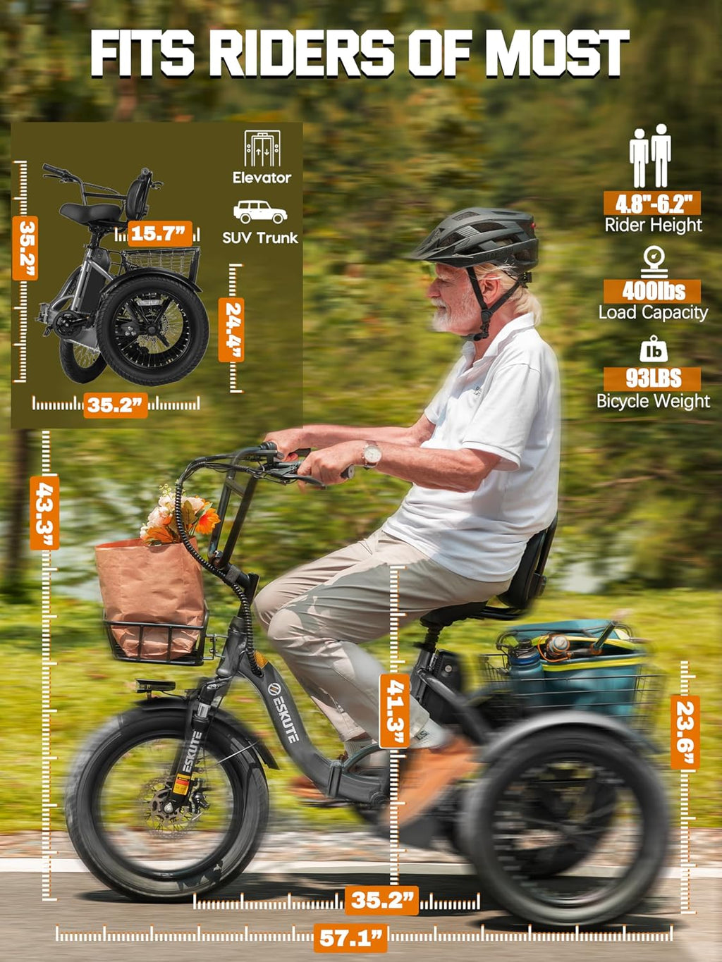 ESKUTE E Trike Electric Bike, Peak 1200W Brushless Motor Folding Trike 18X3.0 Fat Tire Ebike, 624Wh Removable Battery, Step-Thru 3 Wheel Electric Bicycle, Up to 55 Miles, 18MPH+ Tricycle for Adults