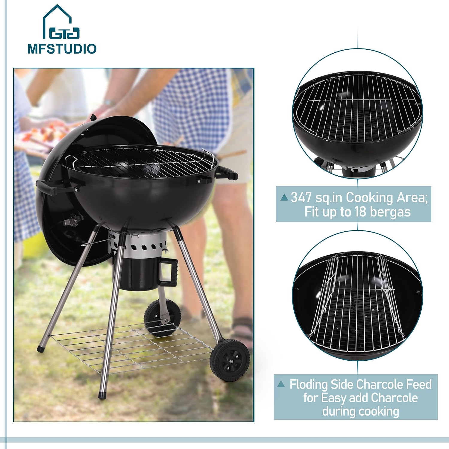 MFSTUDIO 22' Kettle Charcoal Grill, Portable Porcelain-Enameled BBQ Grill with Slide Out Ash Catcher for Outdoor Barbecue Cooking, Black