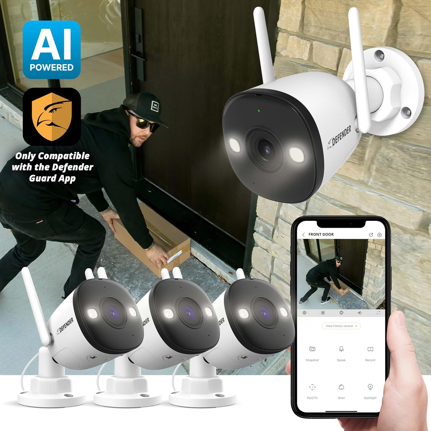 Defender AI Powered 4K Guard Pro 8MP WiFi 6, Plug-in Power Wireless Security Camera Outdoor, with Smart AI Human Detection, Bluetooth, Two-Way Talk, Works w/Guard App, 3 Pack