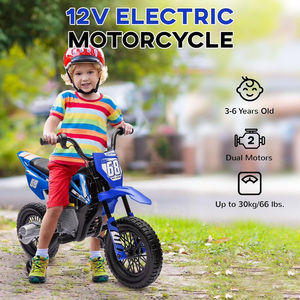 Qaba Kids Dirt Bike with Twist Grip Throttle, 12V Electric Motorcycle, Electric Bike for Toddler with Training Wheels, Spring Suspension & Music, Blue