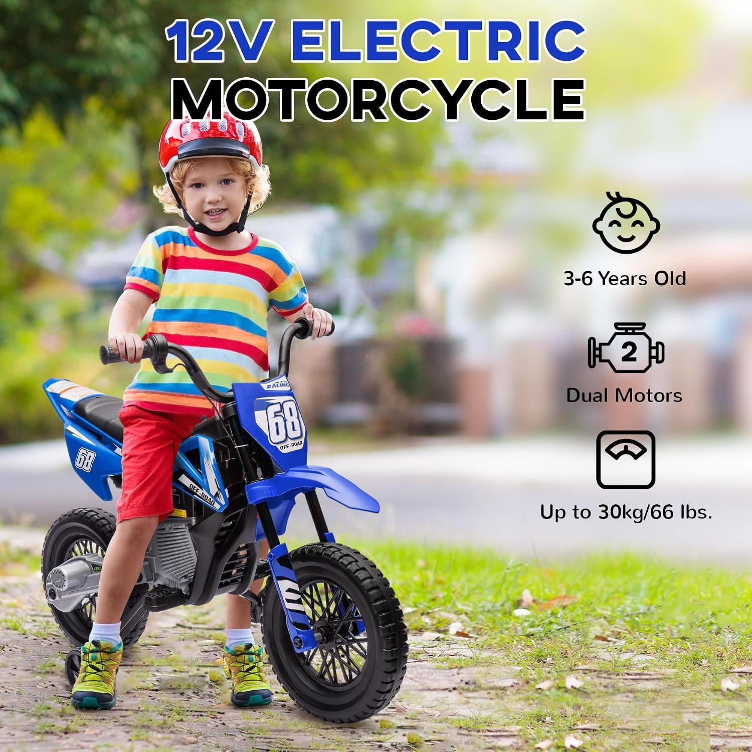 Qaba Kids Dirt Bike with Twist Grip Throttle, 12V Electric Motorcycle, Electric Bike for Toddler with Training Wheels, Spring Suspension & Music, Blue