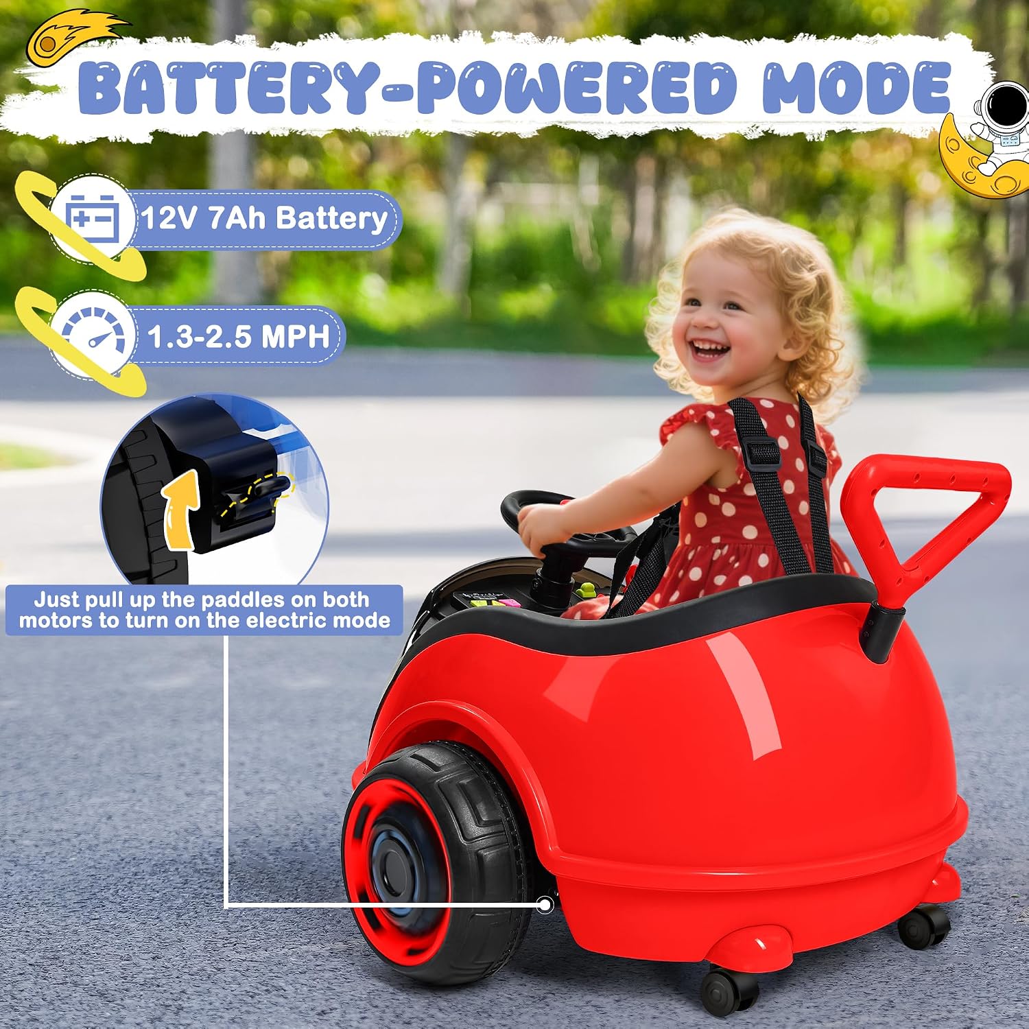 ANPABO 3-in-1 Electric Push Ride On Car, 12V Kids Ride On Toy w/Remote Control, 360° Spin, LED Display, 5-Point Safety Belt, Colorful LED Light, Music Player, Push Car for Toddler Ages 1-3 (Red)