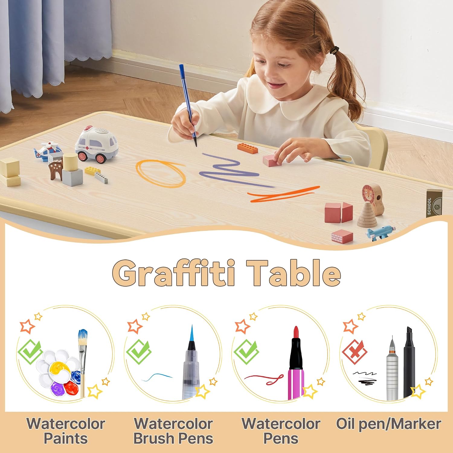 GITAWUSA Kids Study Table and Chairs Set, Height Adjustable Toddler Table and Chair Set for Kids Ages 3-8, 31.5' L x 23.6' W Graffiti Desktop Plastic Children Art Table with 4 Seats, Brown