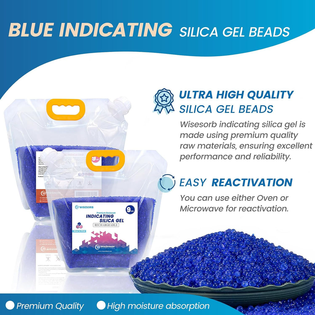 Wisesorb Net 27LBS Blue Indicating Silica Gel Beads Desiccants (Industry Standard 3-5 mm) - Reusable Desiccant Beads Silica Beads [Blue to Pink, 3 Packs of 9LBS]