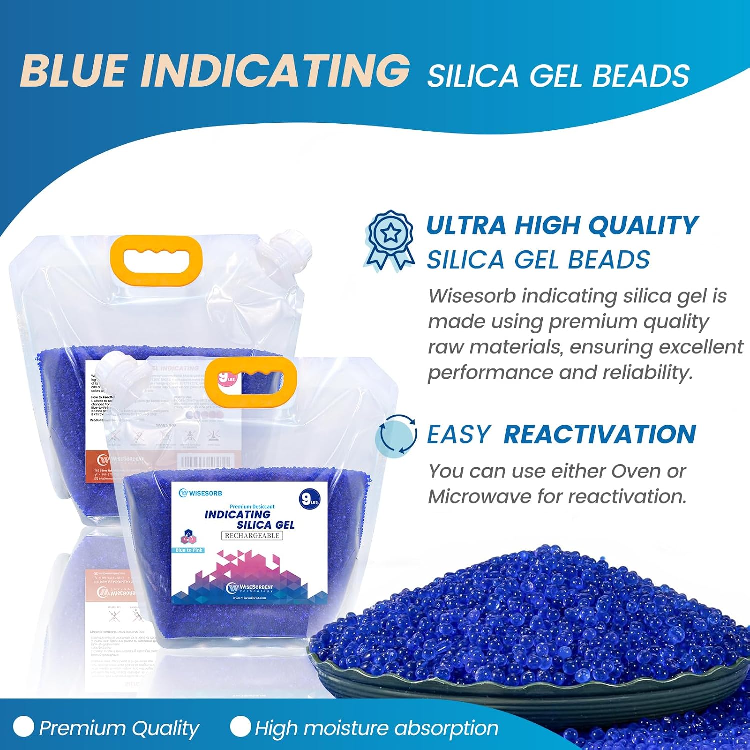 Wisesorb Net 27LBS Blue Indicating Silica Gel Beads Desiccants (Industry Standard 3-5 mm) - Reusable Desiccant Beads Silica Beads [Blue to Pink, 3 Packs of 9LBS]